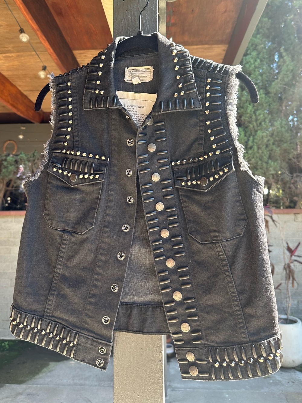 Current/Elliott Sleeveless Snap Jacket Studded Black Denim Vest Sz 1